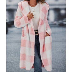 pink plaid gingham hoodie teddy coat jacket